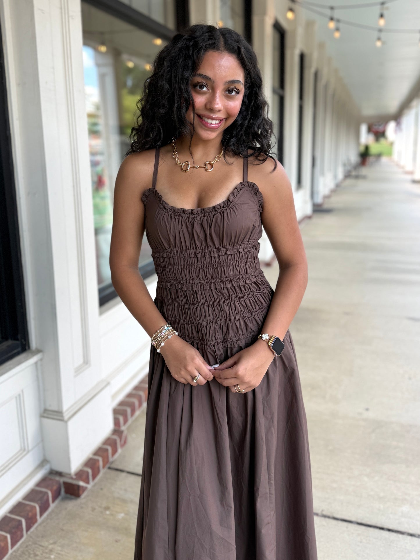 Brown Smocked Slit Maxi