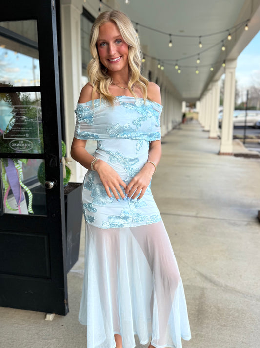 Ice Blue 3d Floral Maxi