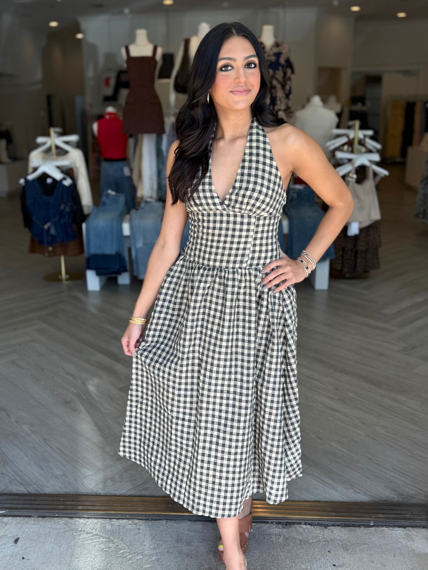 Vintage Checker Fit&Flare Halter Midi