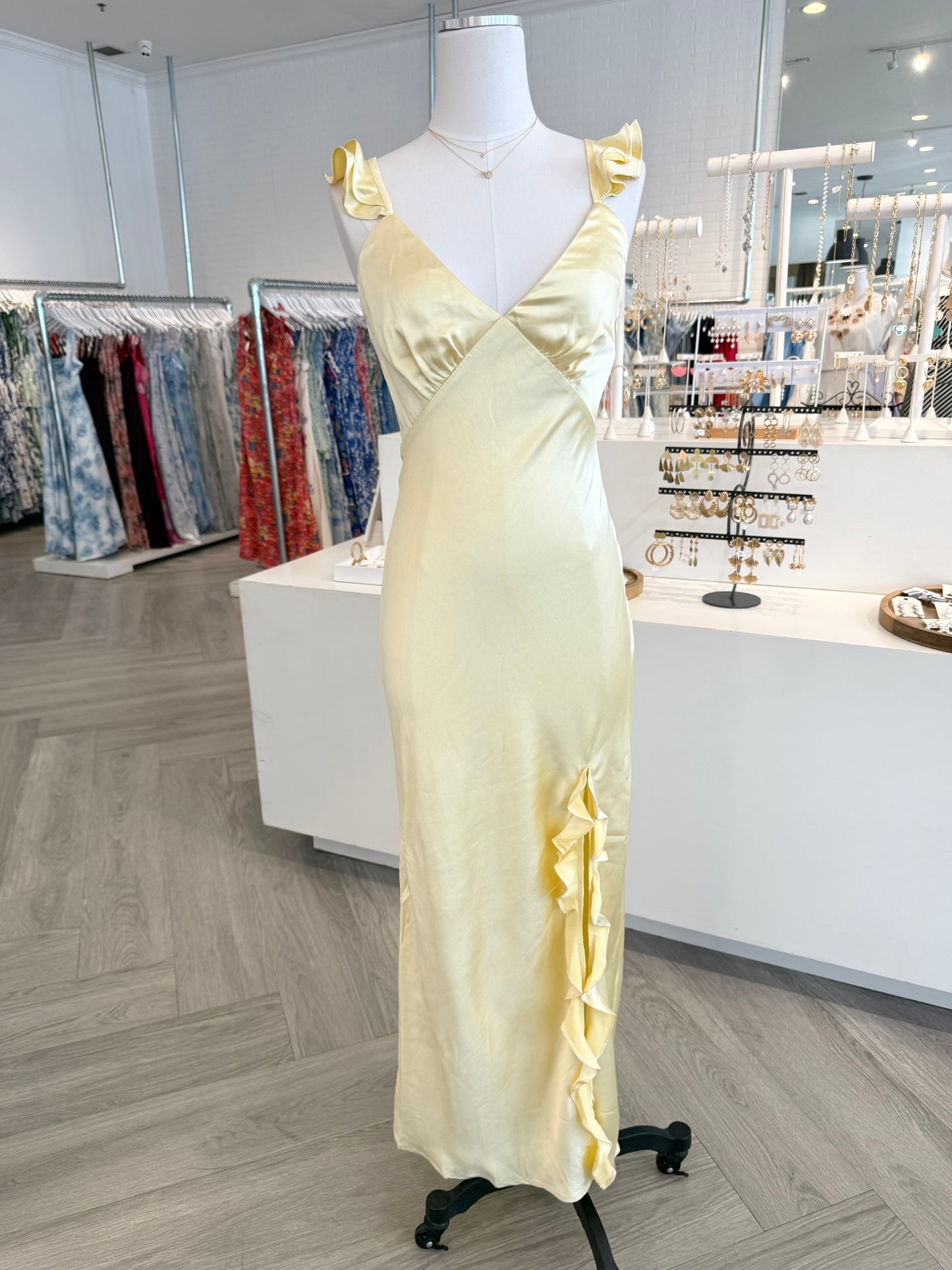 Lemon Silk Ruffle Maxi