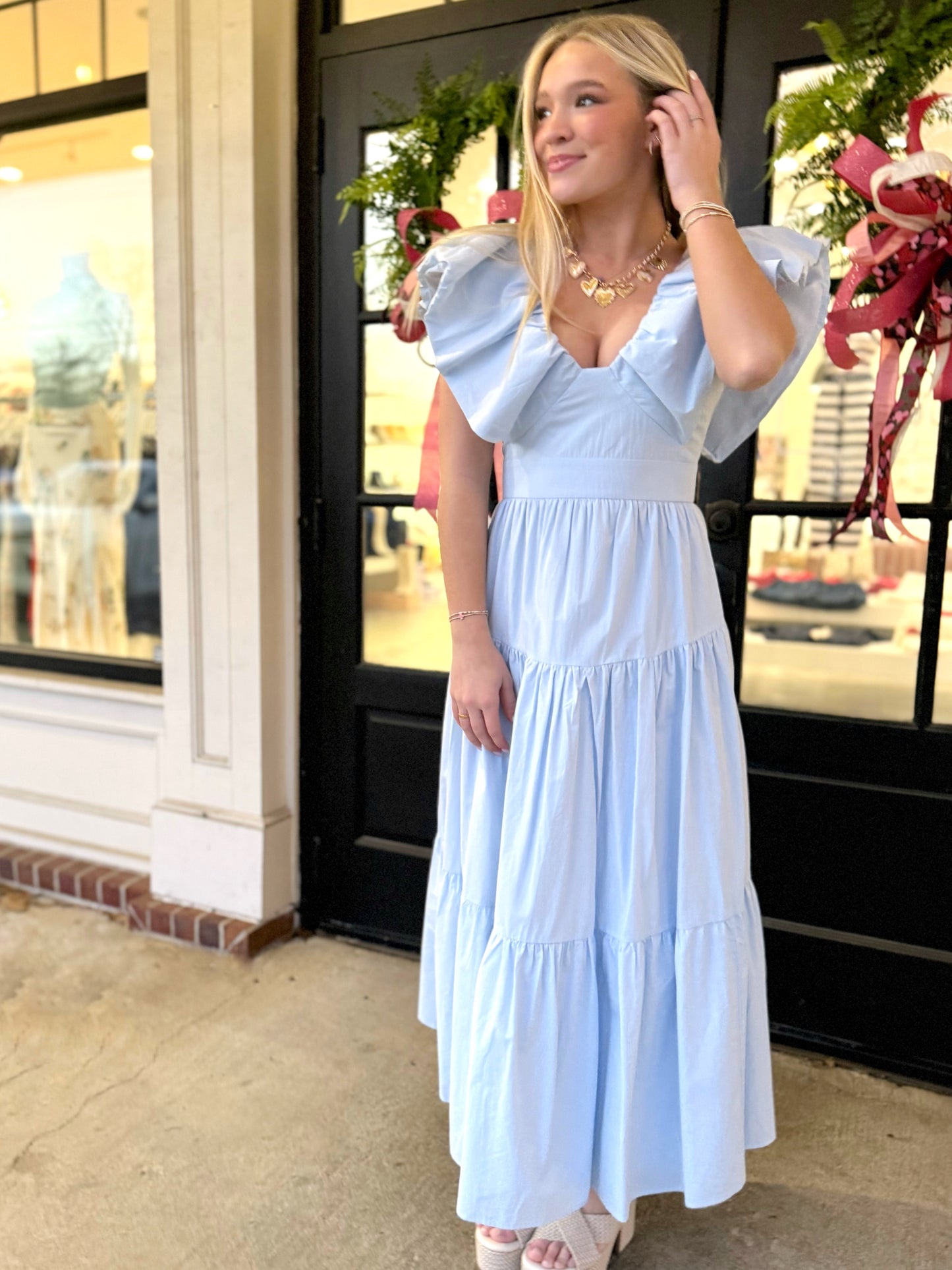 Blue V-Neck Ruffle Tiered Maxi