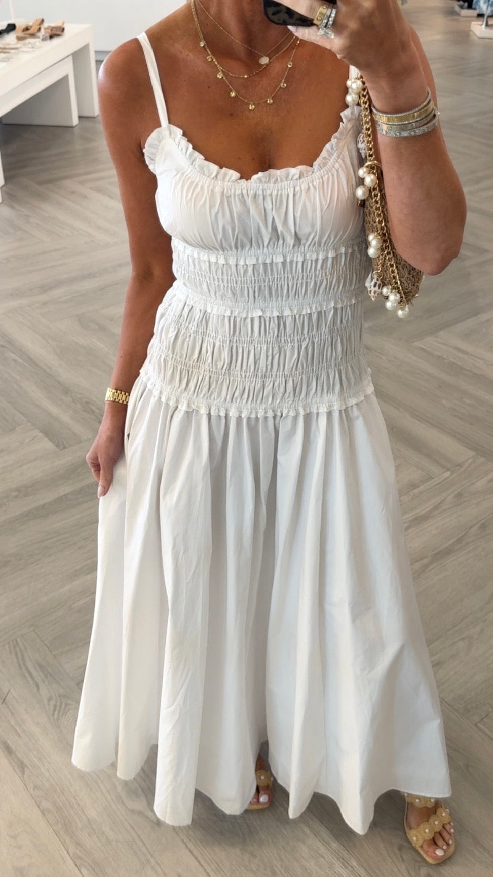 White Smocked Slit Maxi