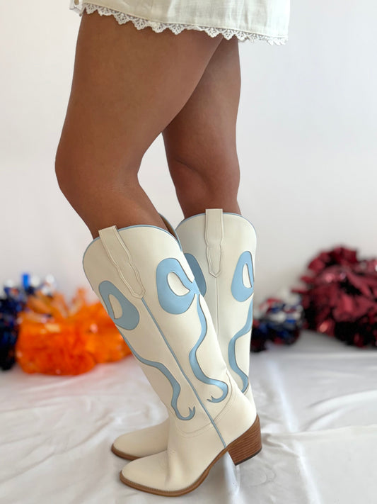 Laso Bow Cowgirl Boot in Baby Blue/White