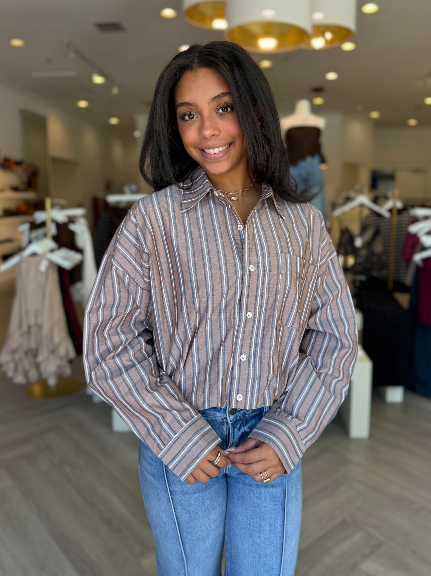 Brown Stripe Bubble Hem Top