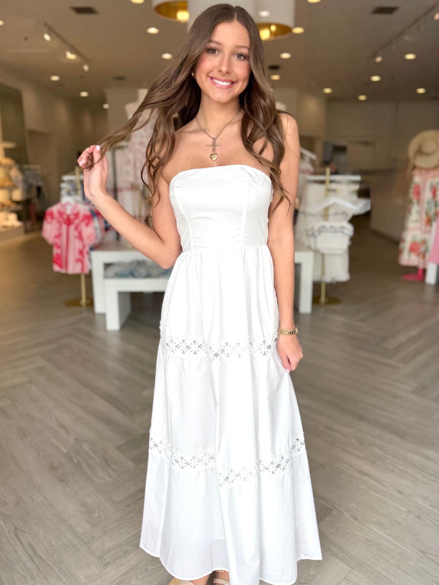 White Strapless Flower Ribbon Midi