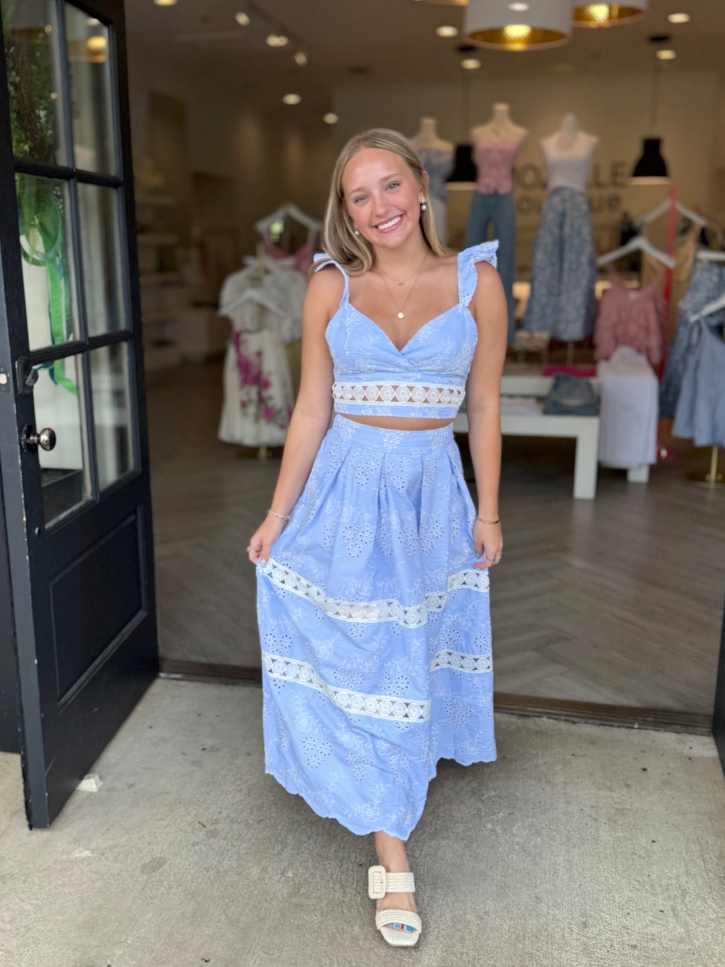 Blue Eyelet Ruffle Crop Top