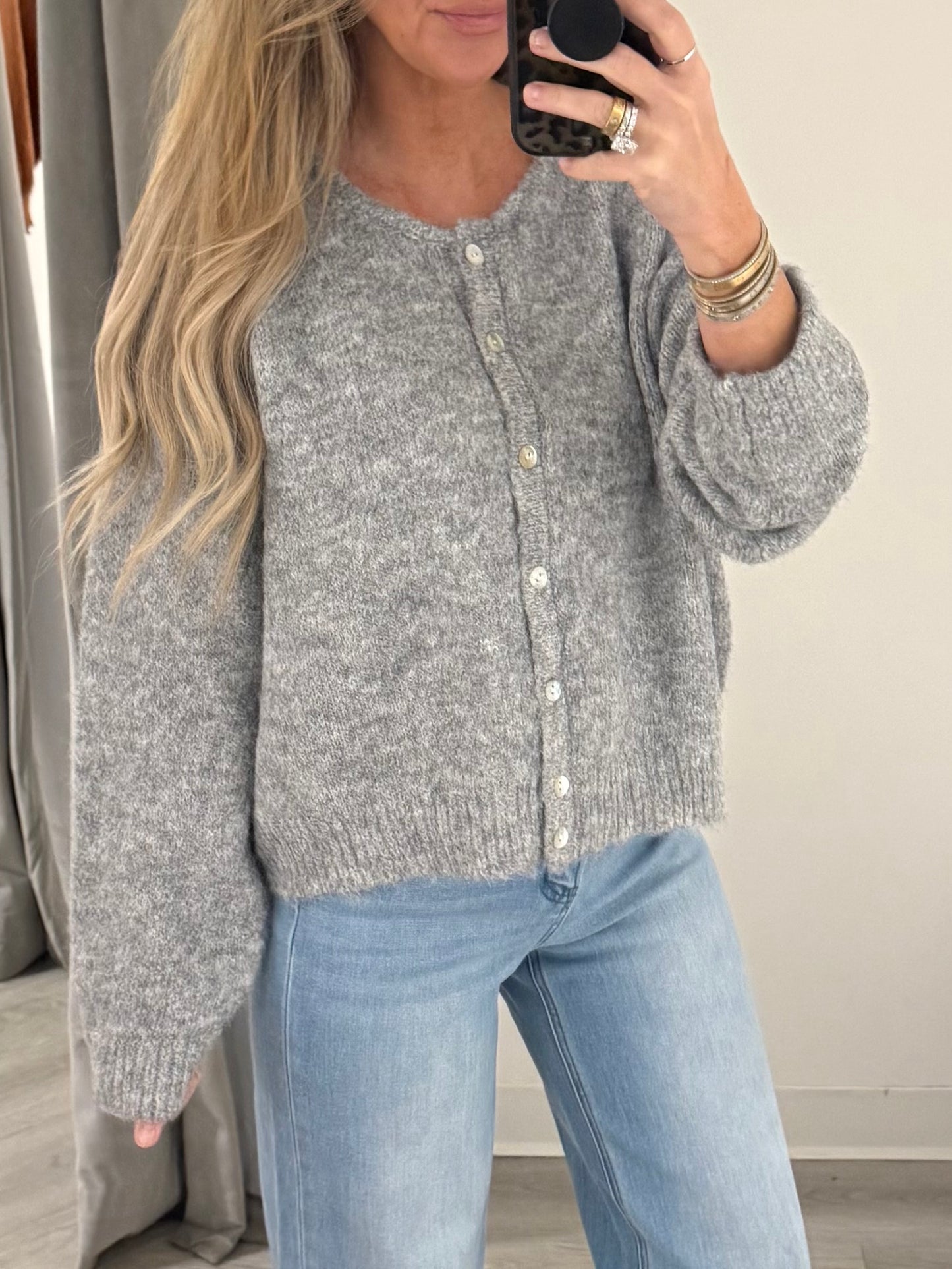 Grey Knit Round Neck Cardigan