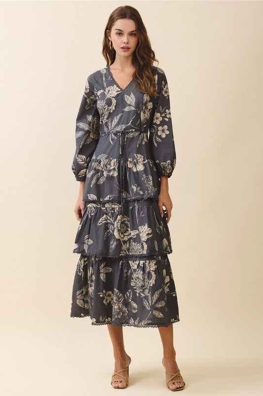 Charcoal Floral Lace Tiered Midi