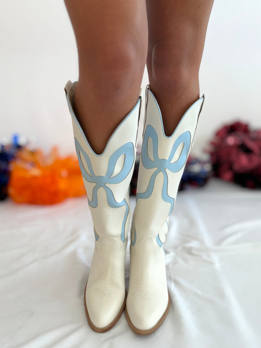 Laso Bow Cowgirl Boot in Baby Blue/White