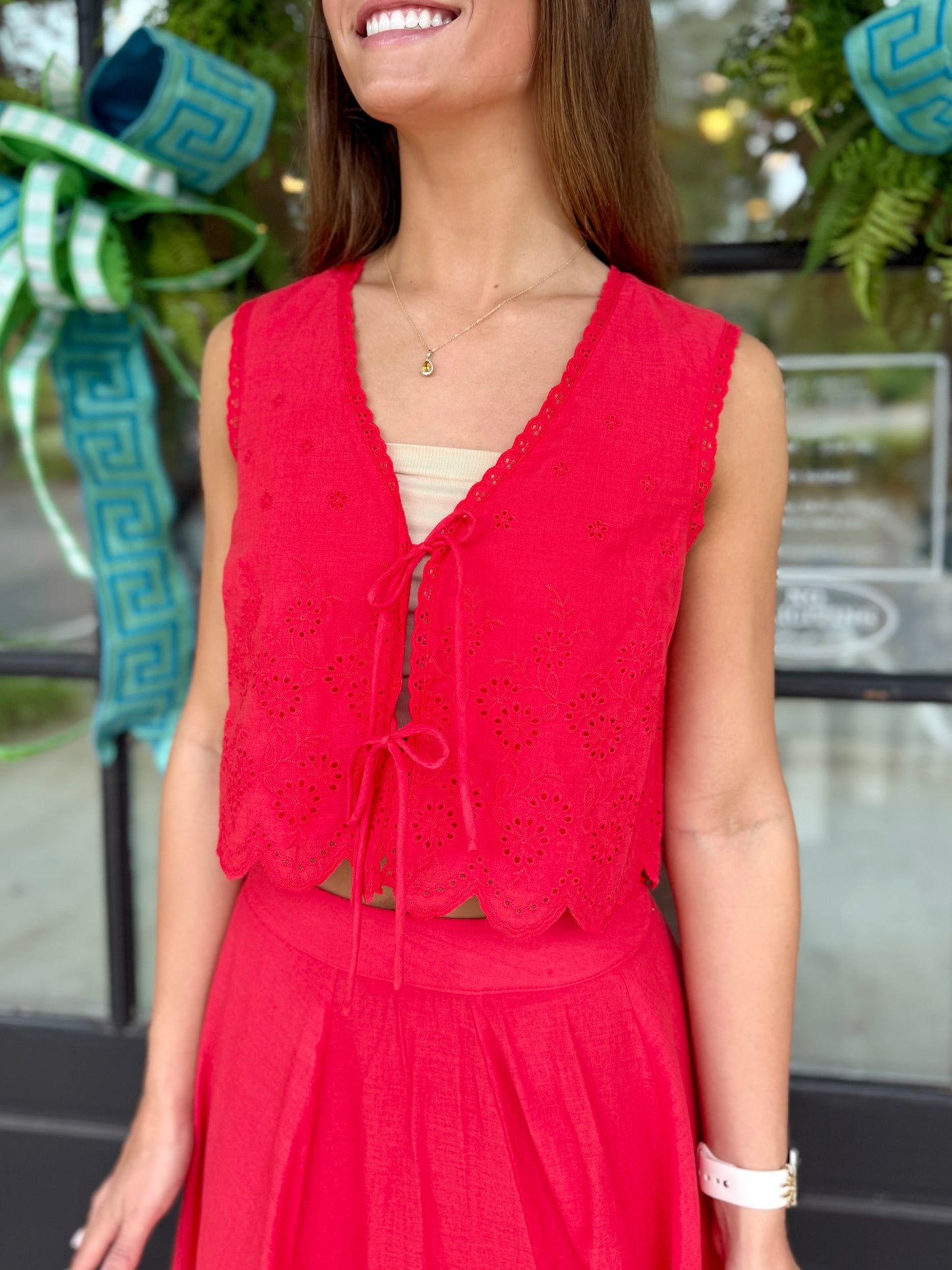 Red Scallop Tie Top