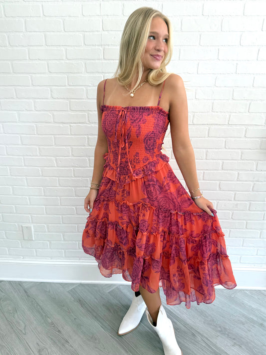 Magenta Rose Smocked V Midi