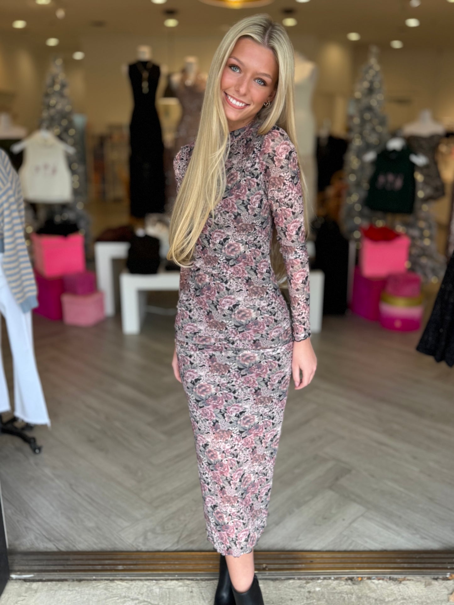 Dusky Floral Mesh Maxi Dress