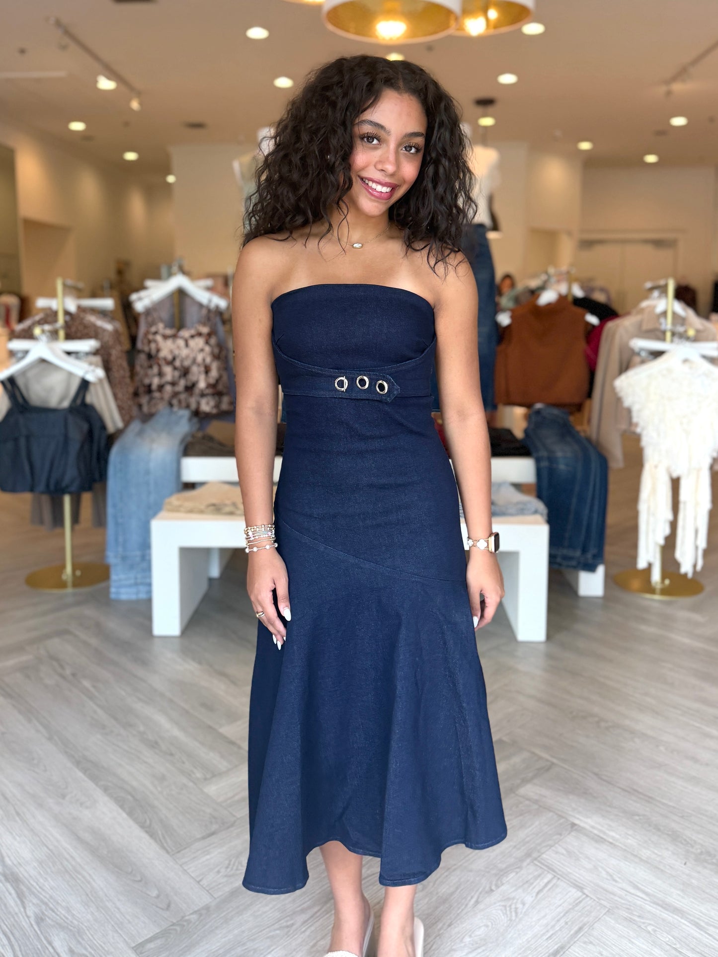 Denim Asym. Strapless Midi