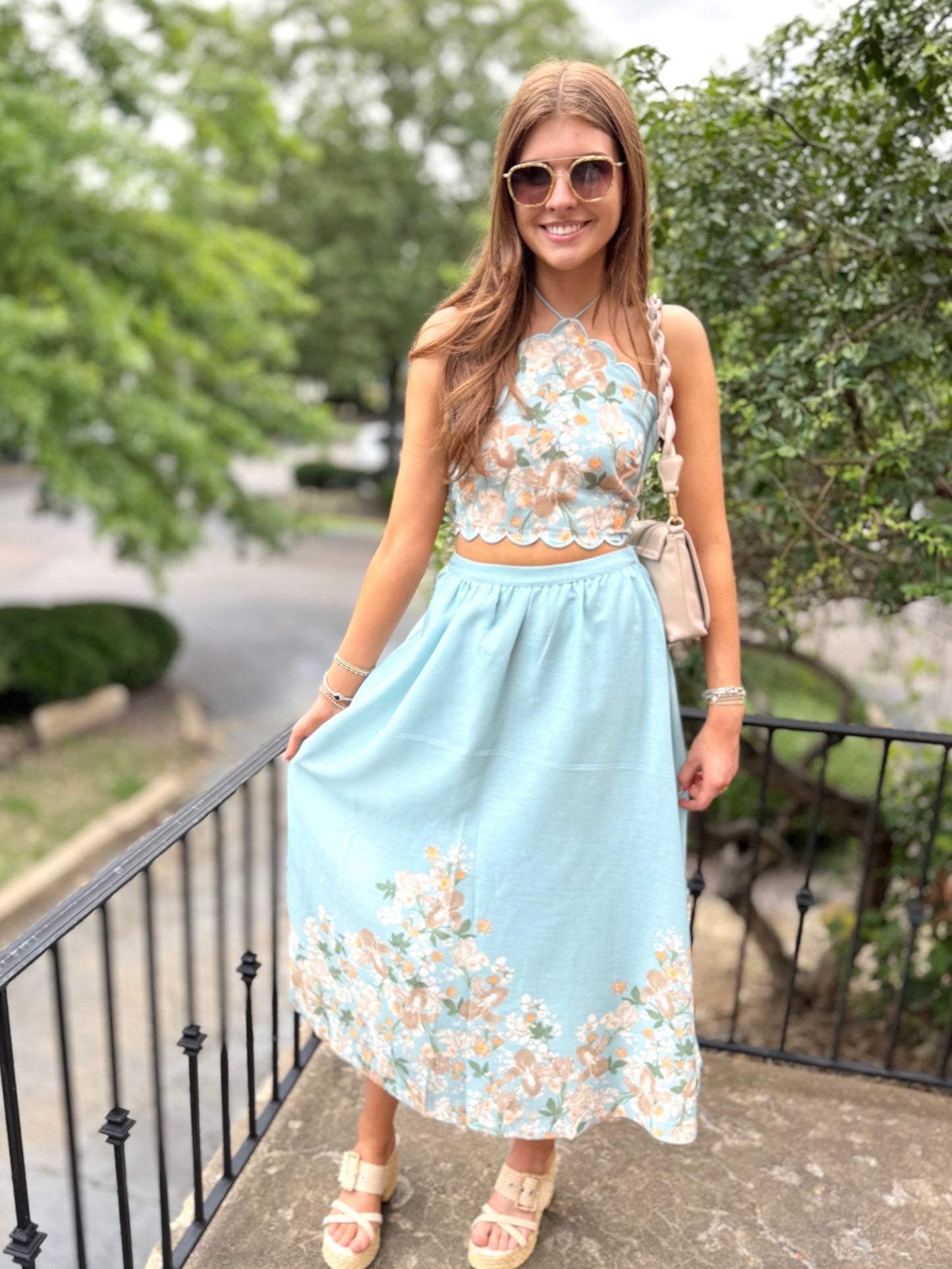 Blue Floral Midi Skirt