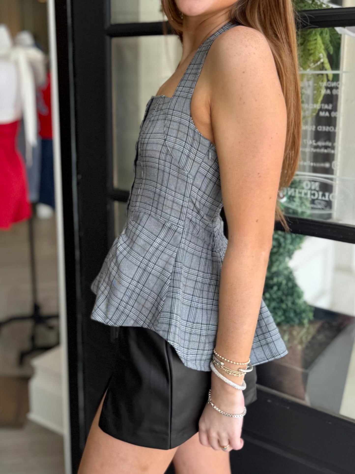 Plaid Peplum Button Front Cami