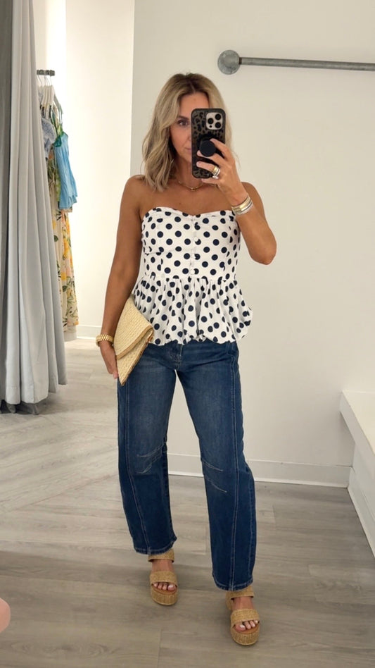 White/Navy PolkaDot Bubble Top