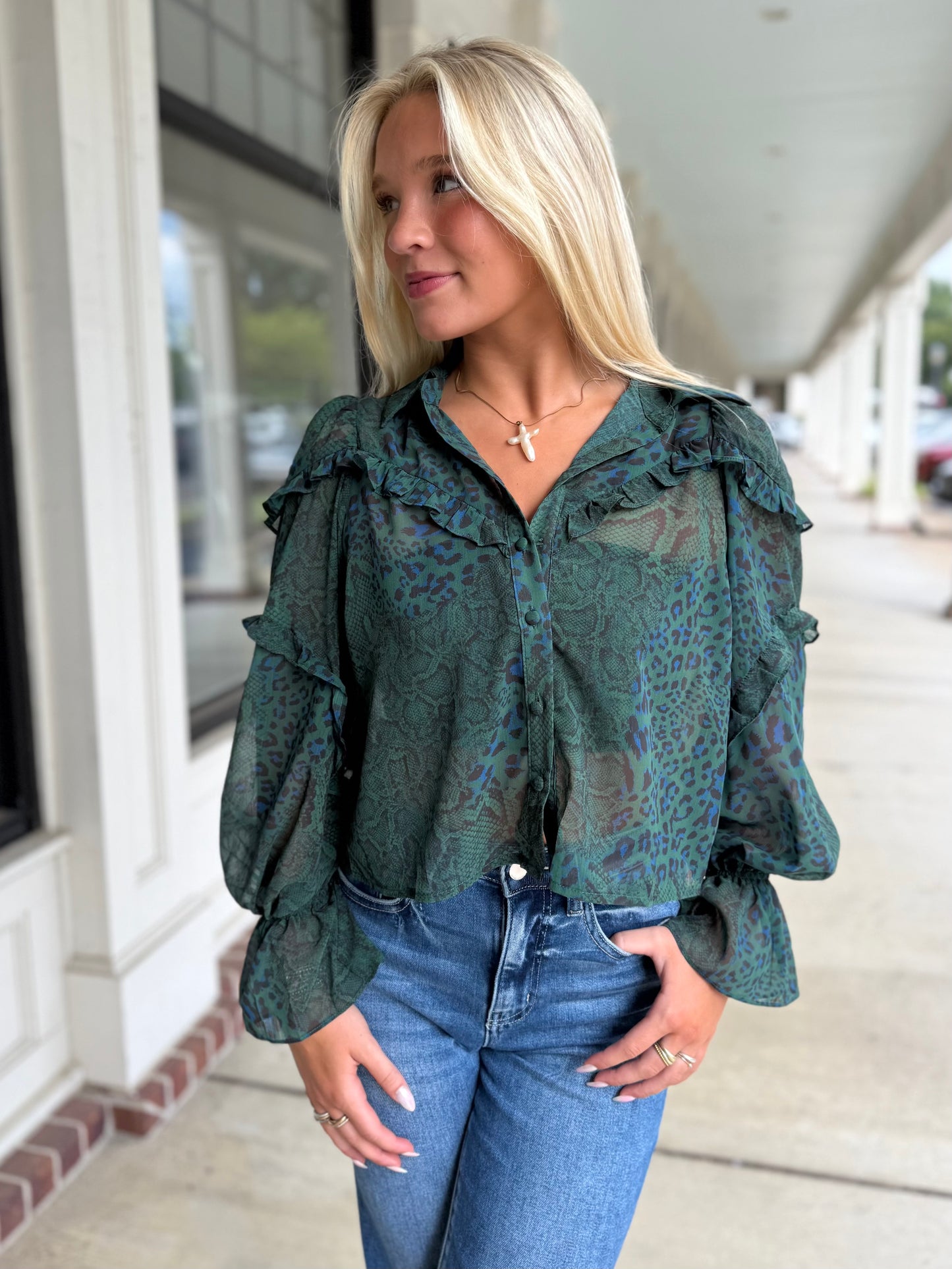 Green Leopard Sheer Ruffle Top