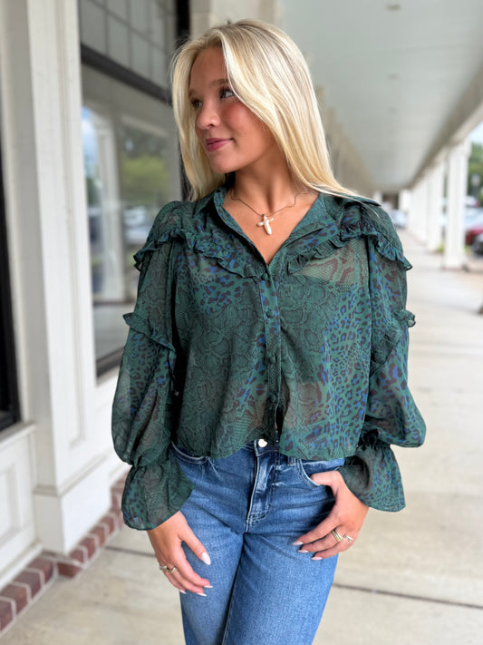 Green Leopard Sheer Ruffle Top