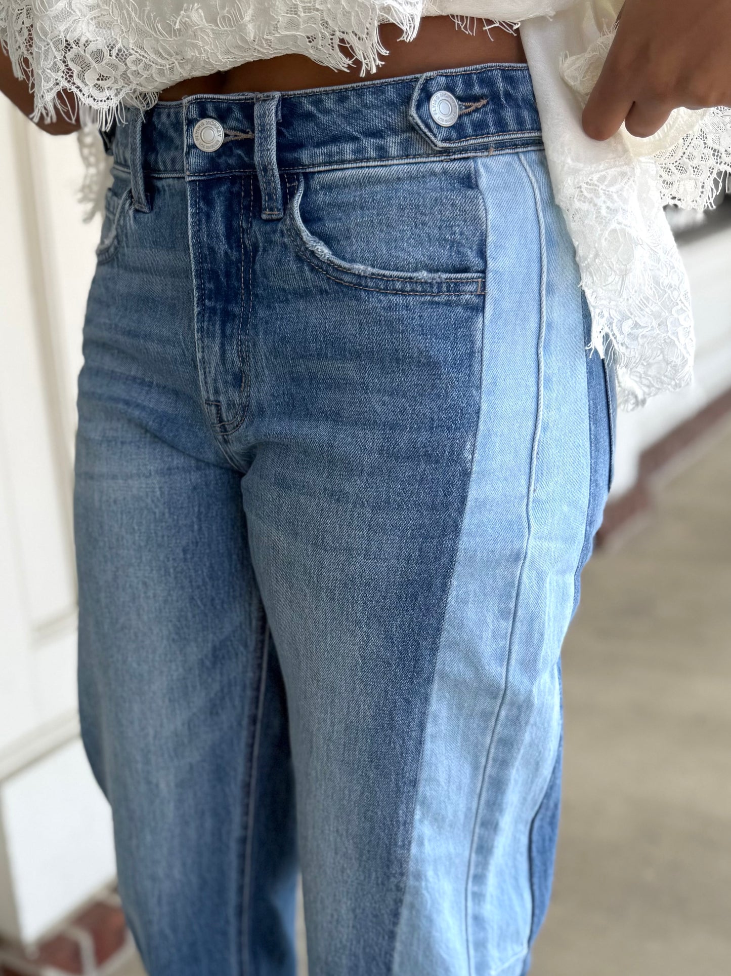 High Rise Two Tone Barrel Jean