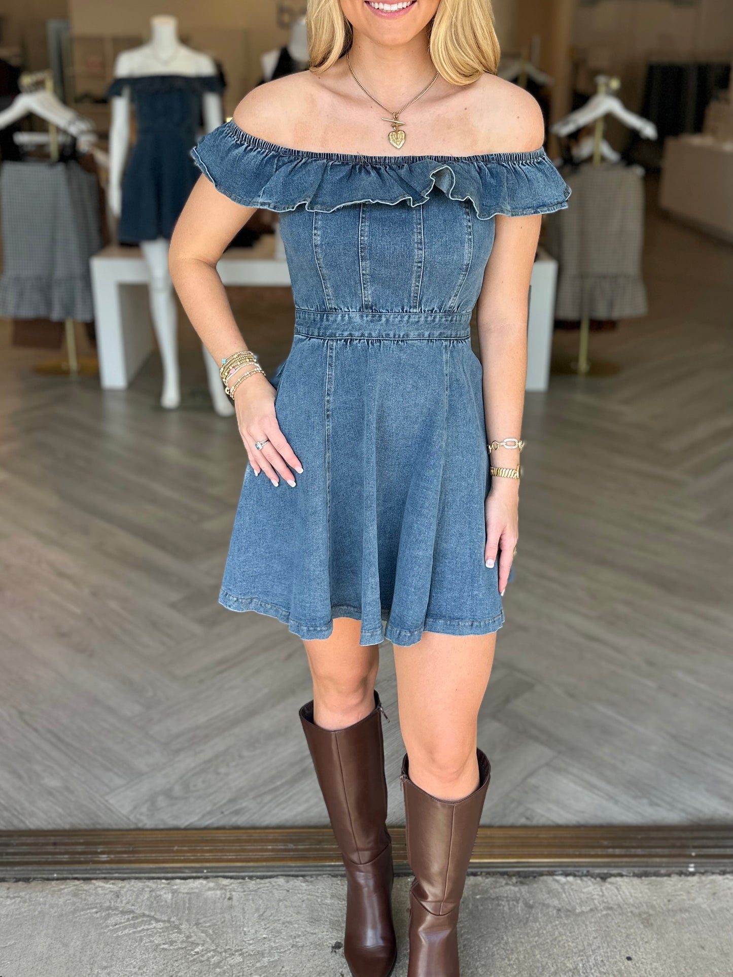 Ruffle Off Shoulder Denim Dress