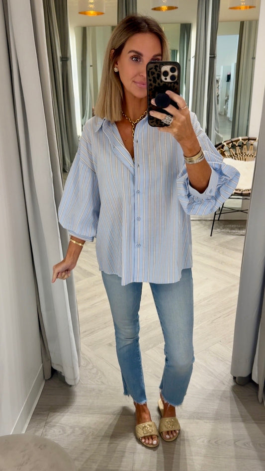 Powder Blue Striped Bubble Top
