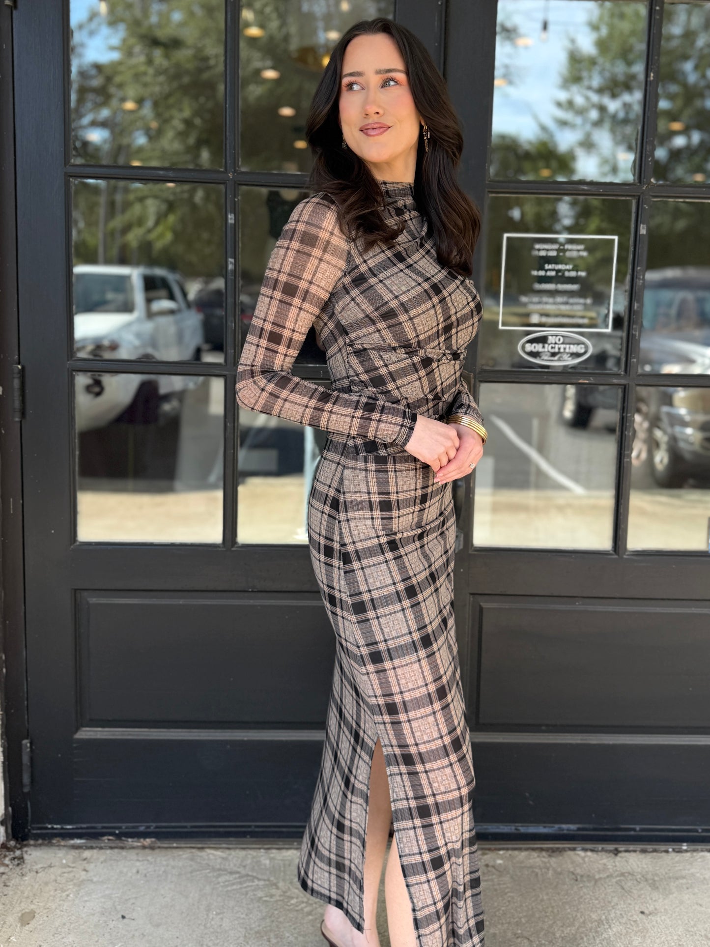 Brown Plaid Mesh Midi