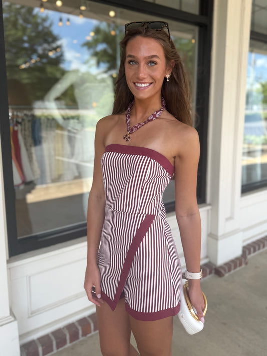 Denim Maroon Stripe Romper