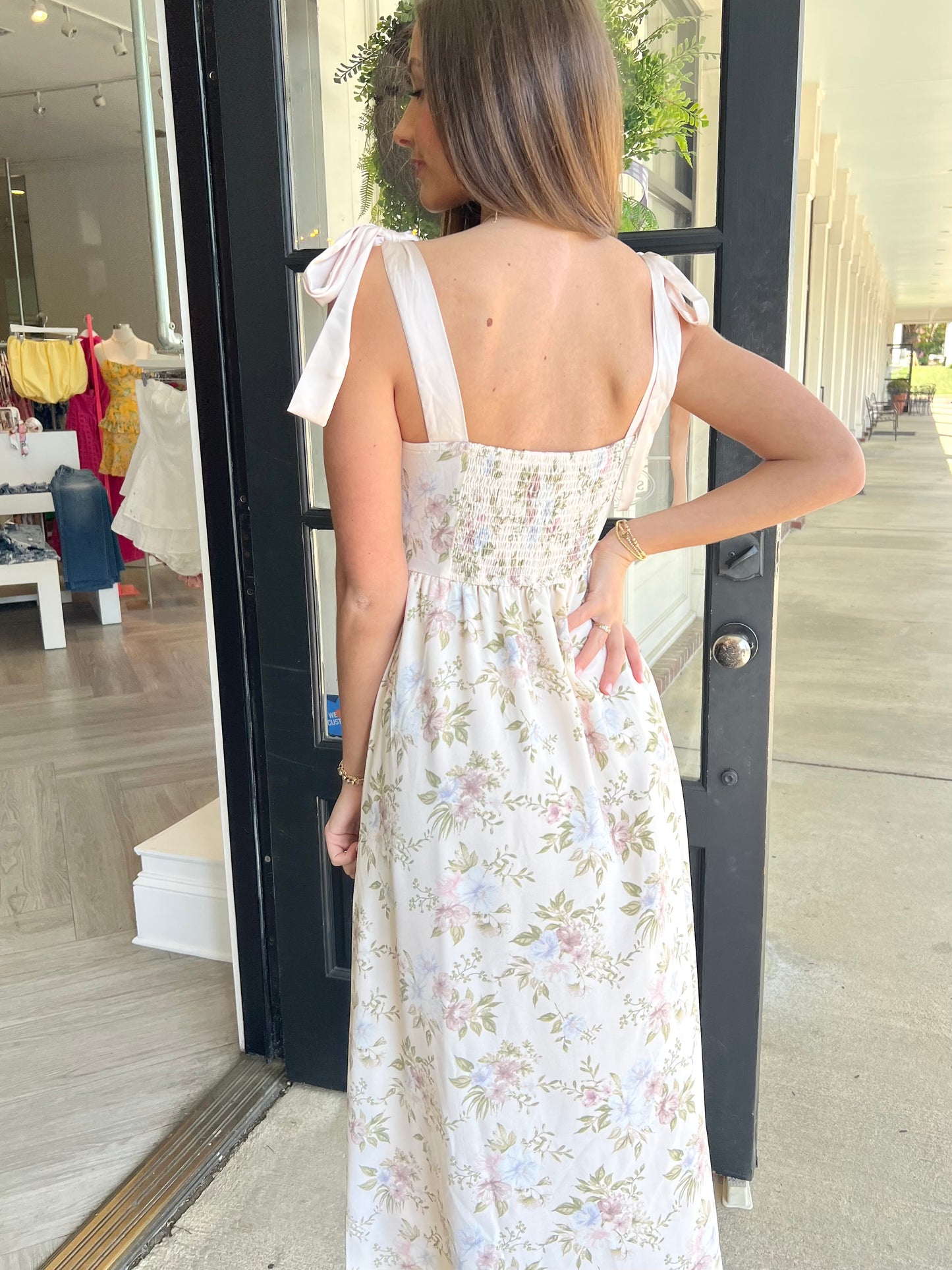 Beige Floral Corset Tie Dress