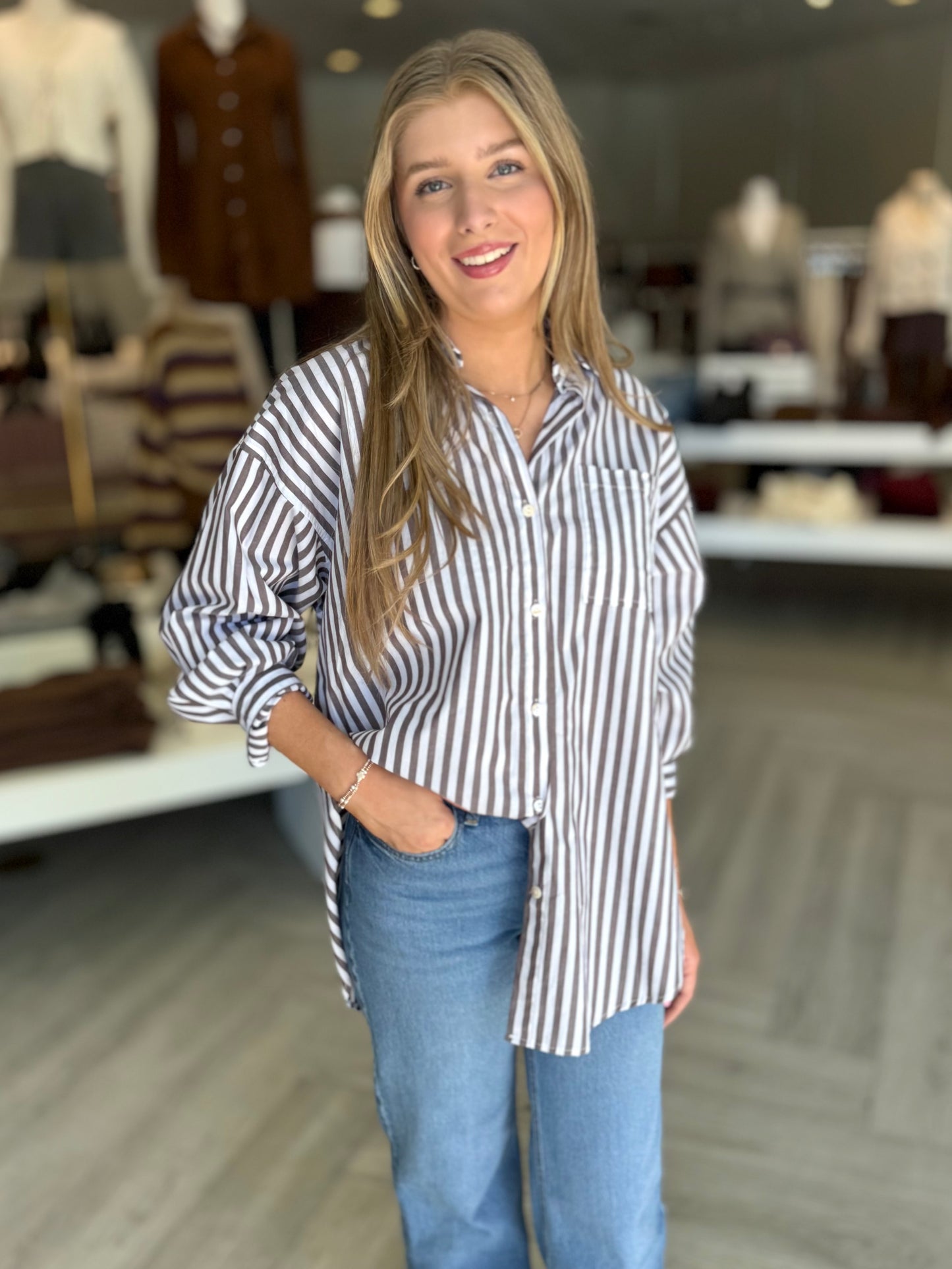 Brown Stripe Button Down Top