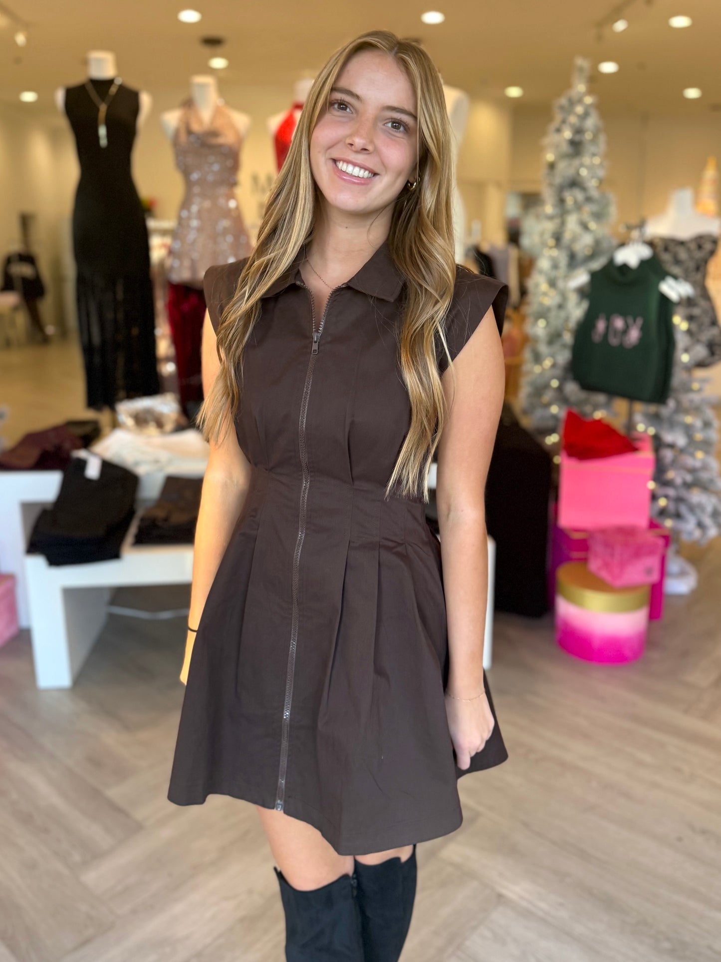 Mocha Pleated Mini Dress