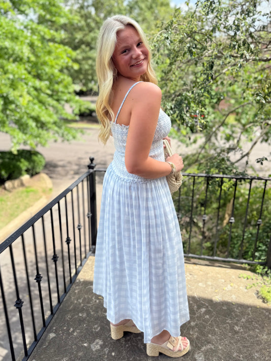 Blue Smocked Gingham Maxi