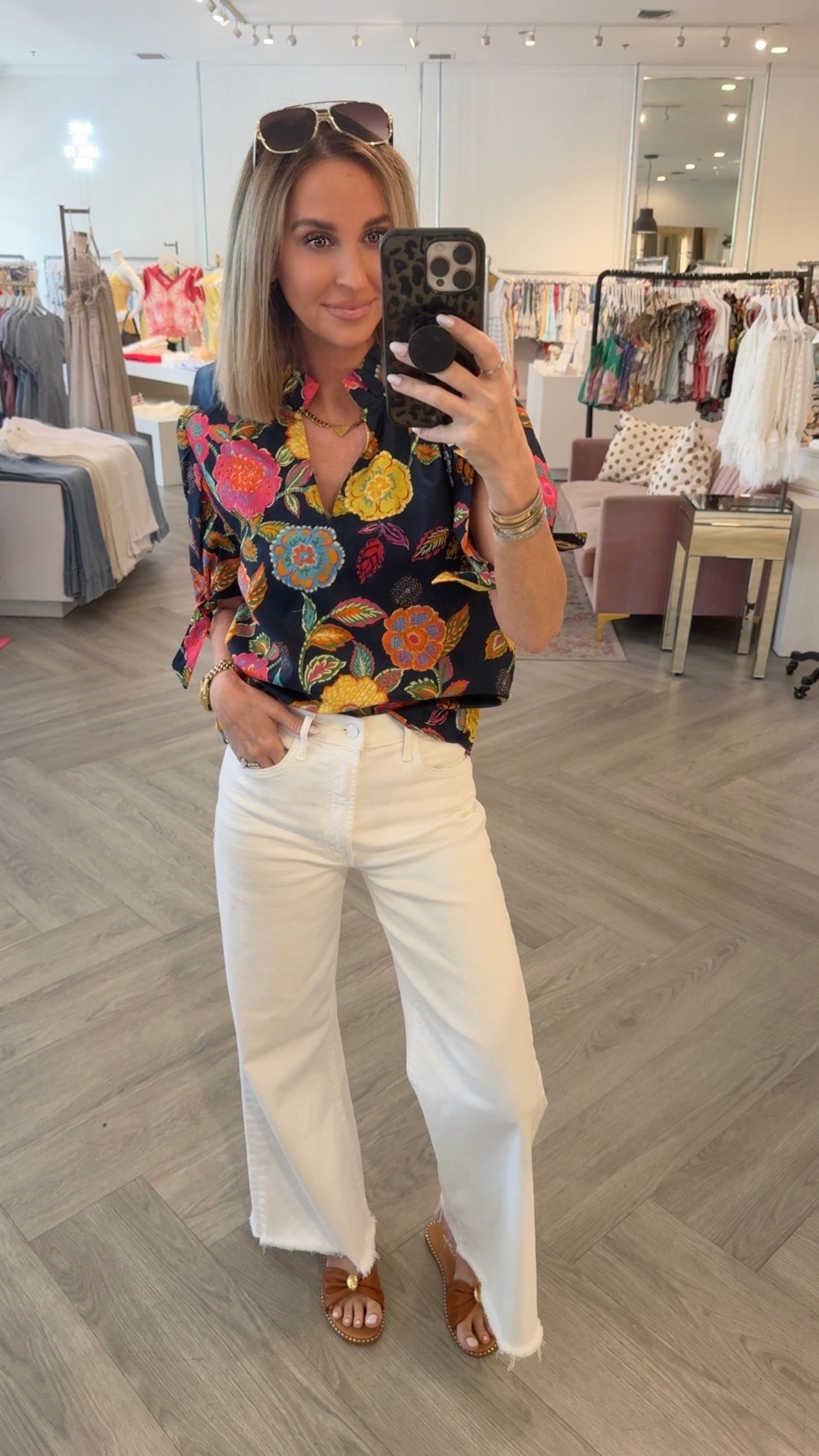 Navy Floral V Neck Top