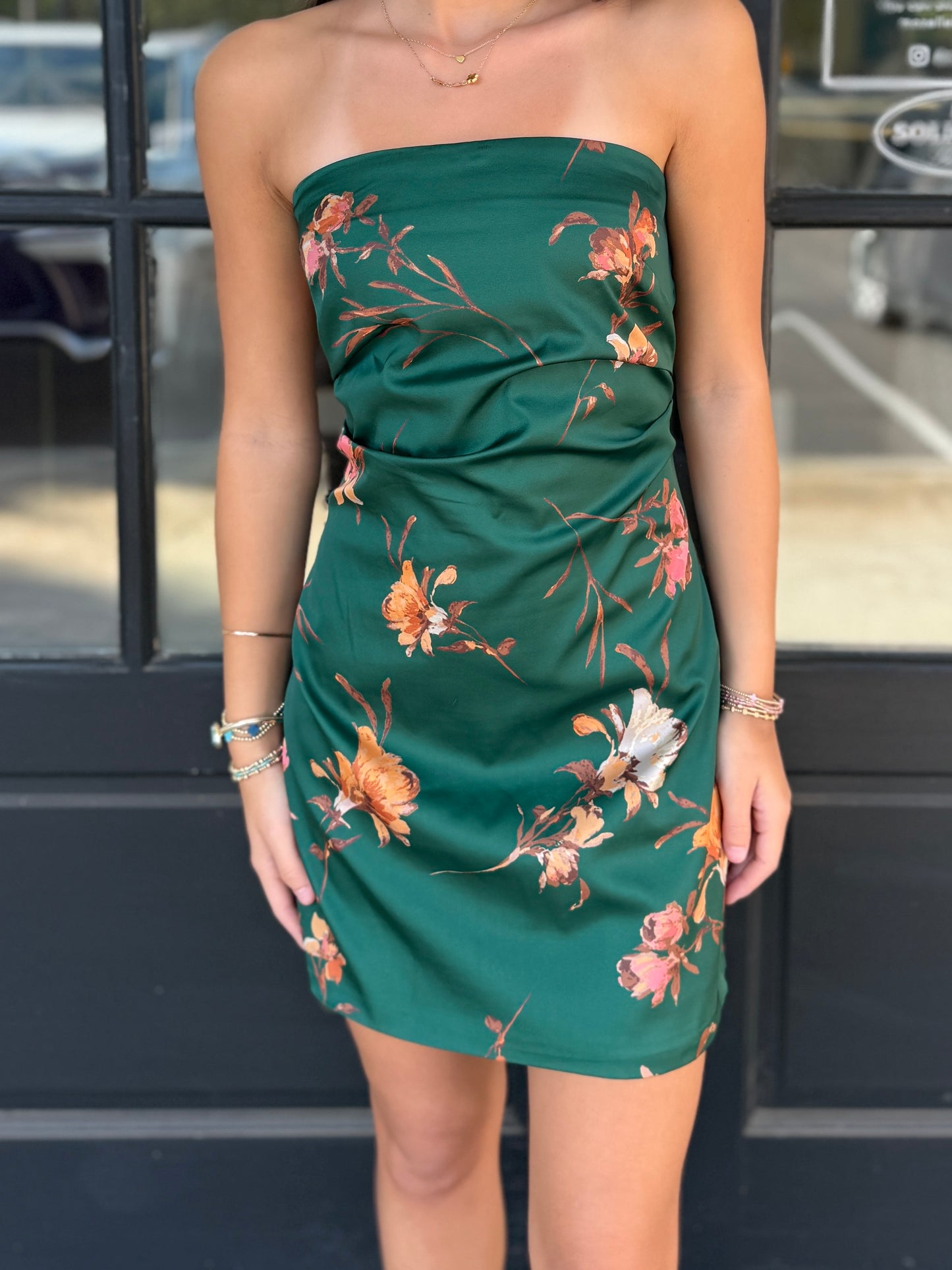 Green Peach Floral Strapless Mini