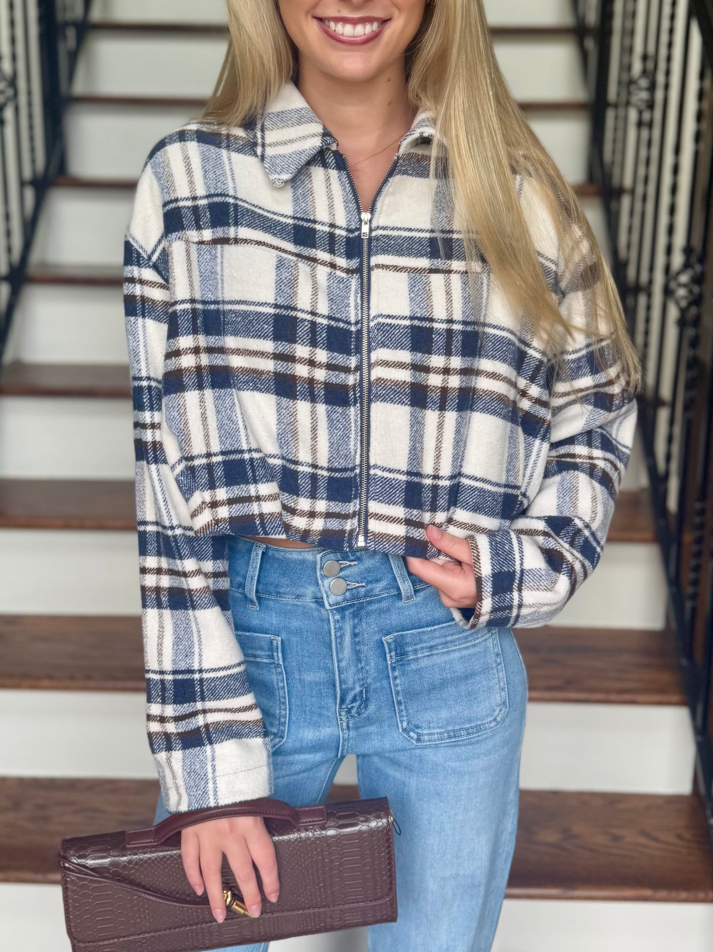 Navy Flannel Cropped Jacket