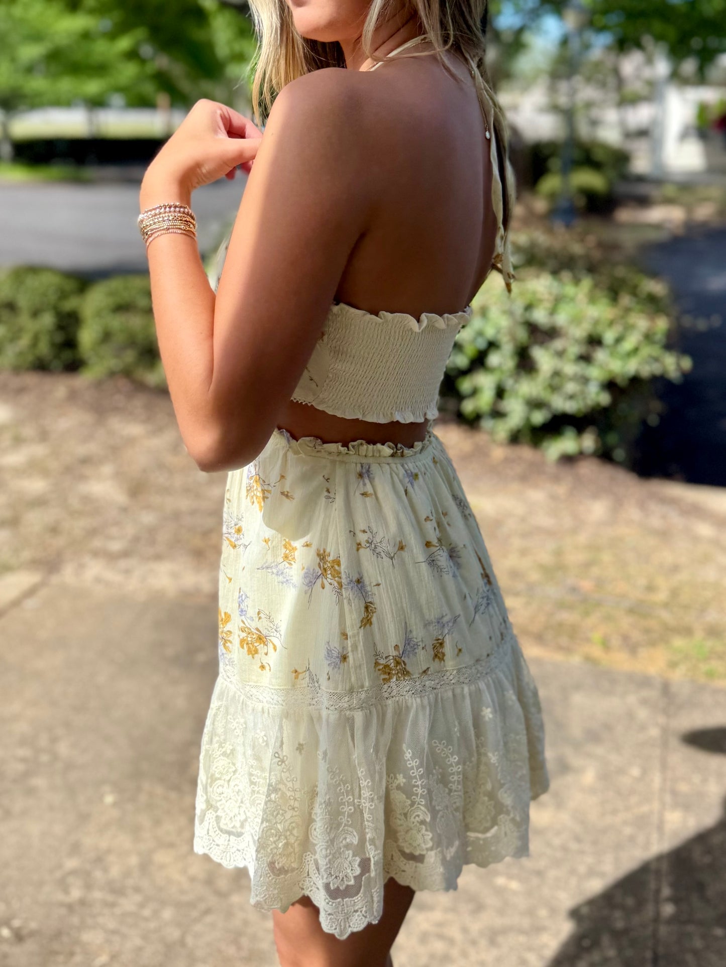 Yellow Floral Lace Halter Mini