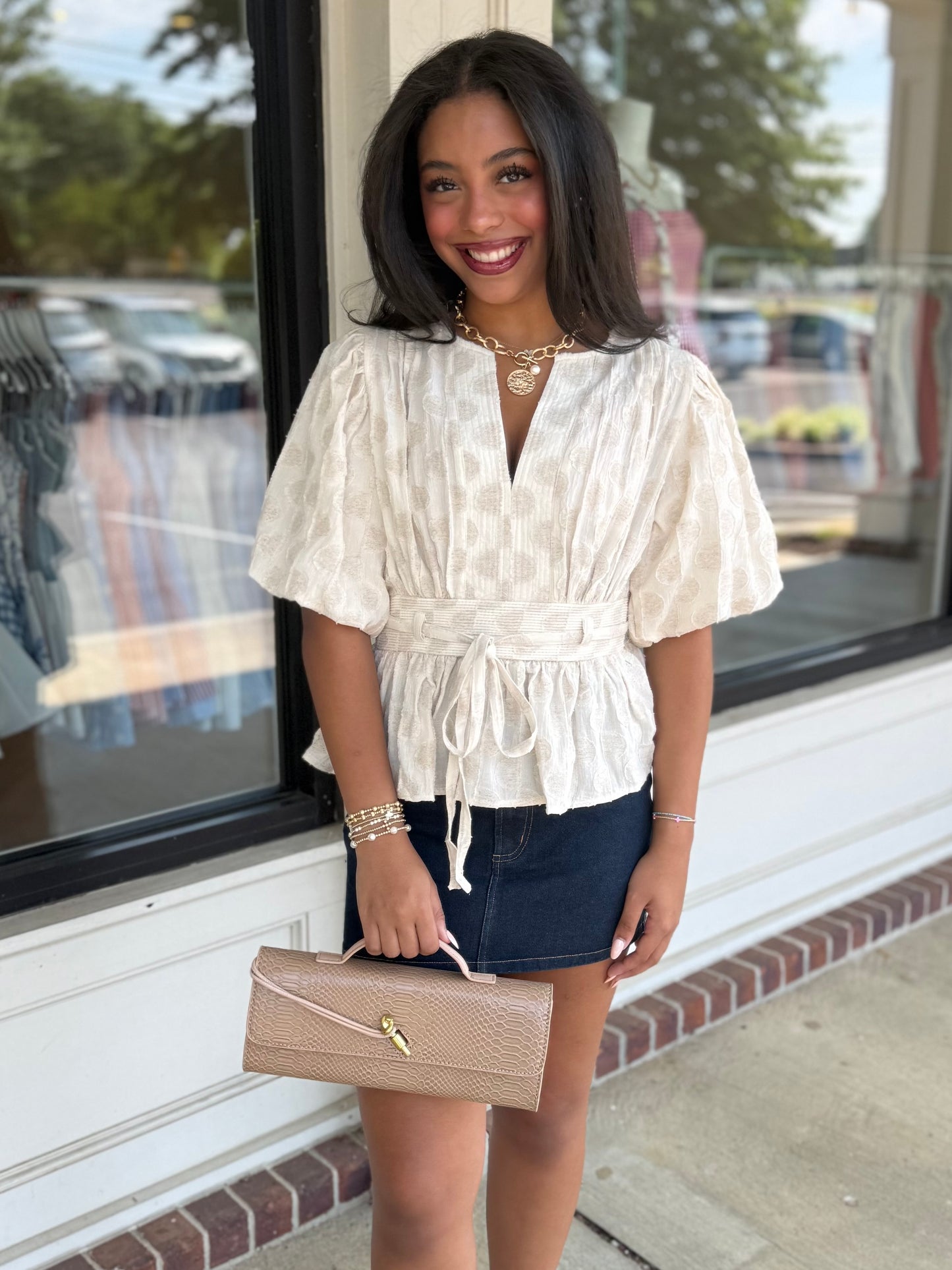 Oatmeal Textured Bubble Sleeve Top