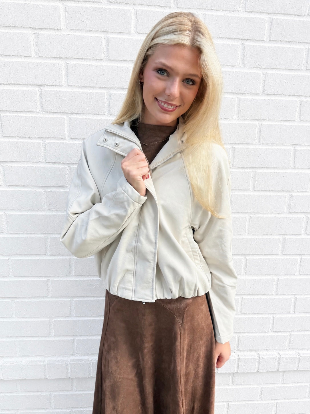 Ivory Leather Bomber Jacket