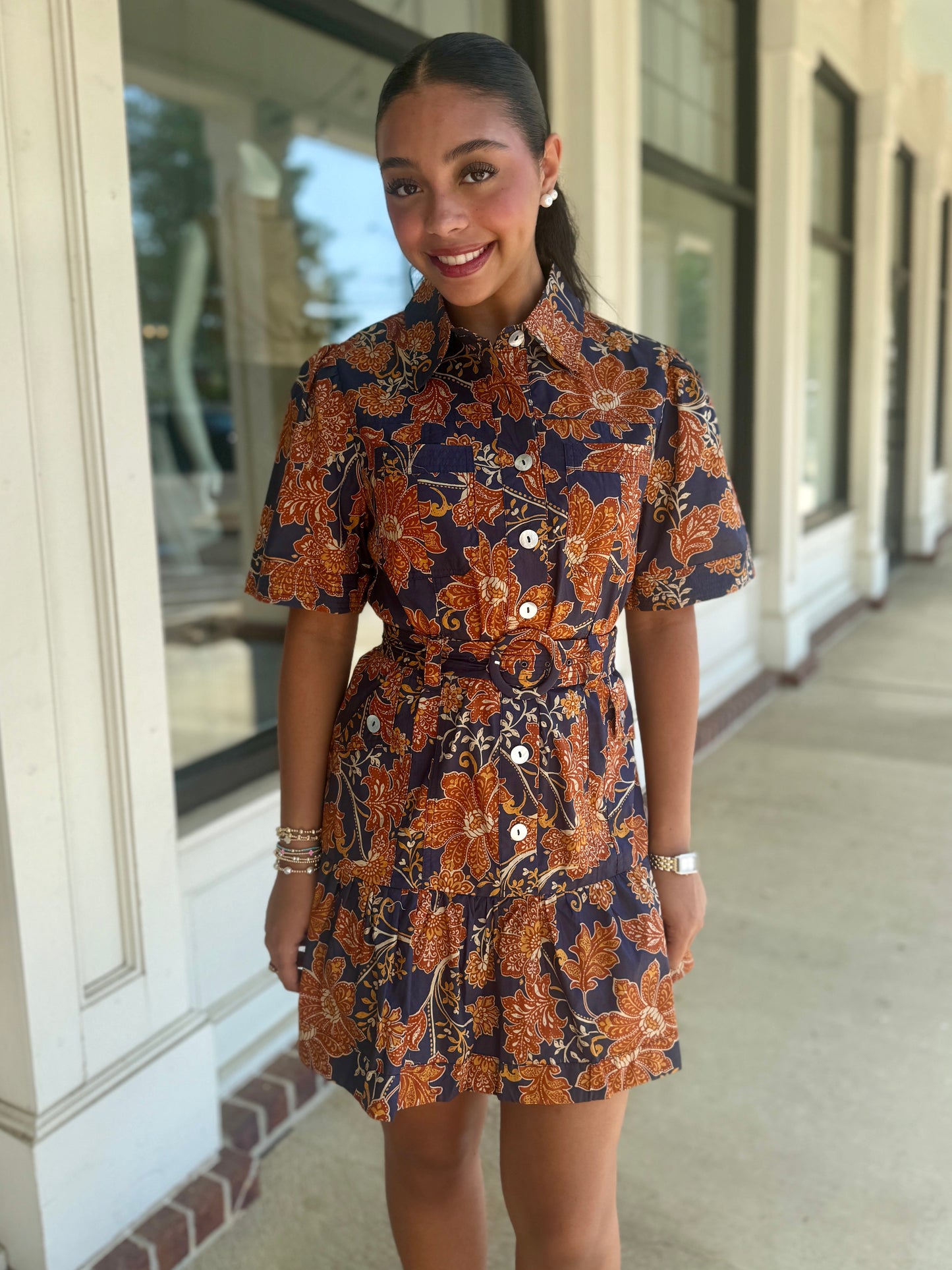 Navy/Rust Belted Dress