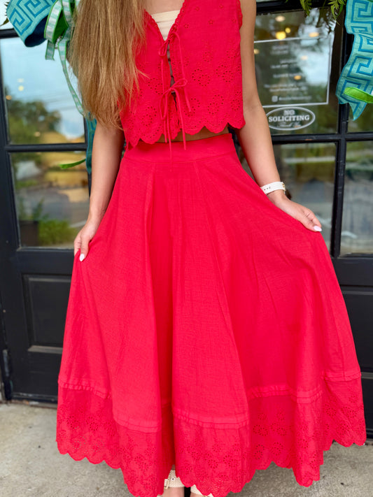 Red Scallop Midi Skirt
