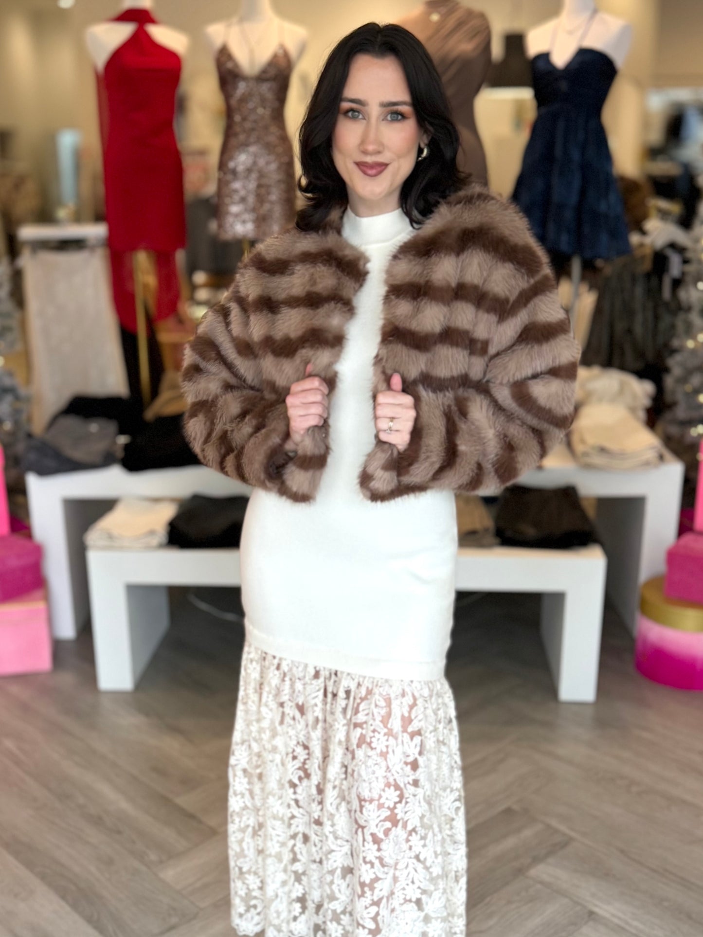 Mocha Brown Stripe Fur Jacket