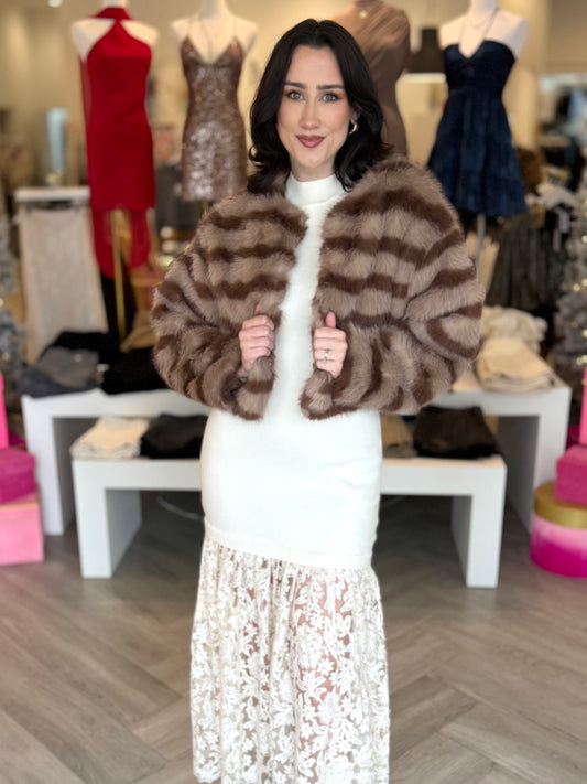 Mocha Brown Stripe Fur Jacket