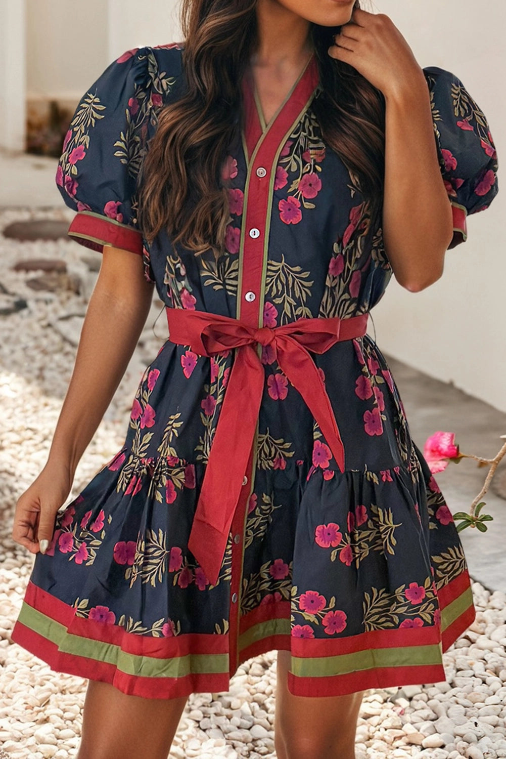 Navy Floral Retro Belted Mini