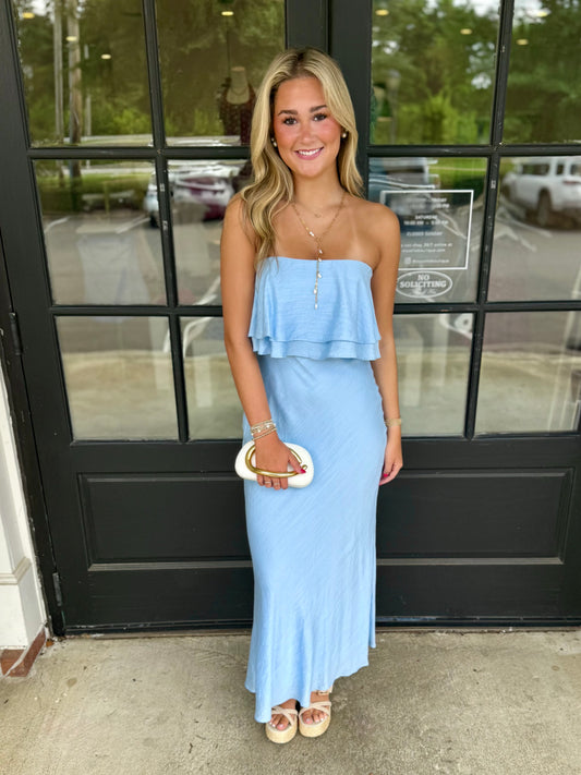 Blue Strapless Ruffle Maxi Dress