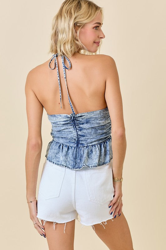 Washed Denim Halter Top