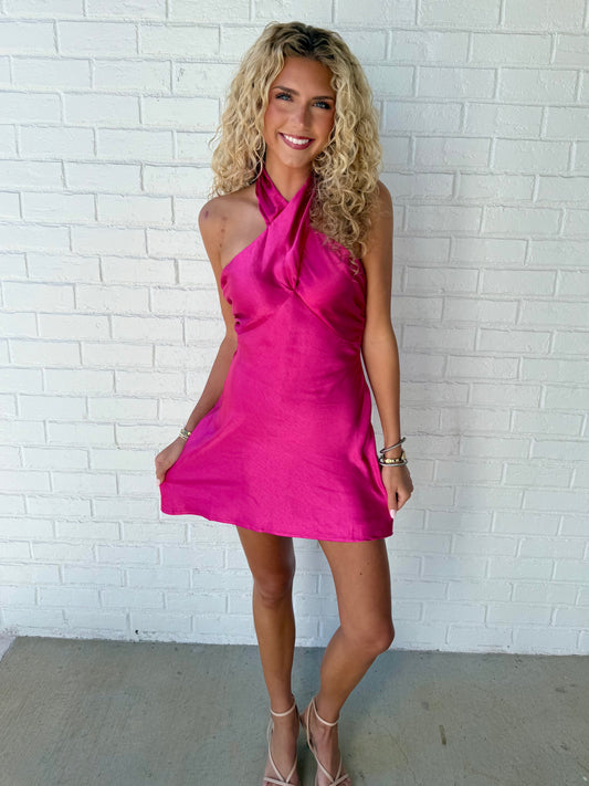Fuchsia Silk Cross Halter Dress