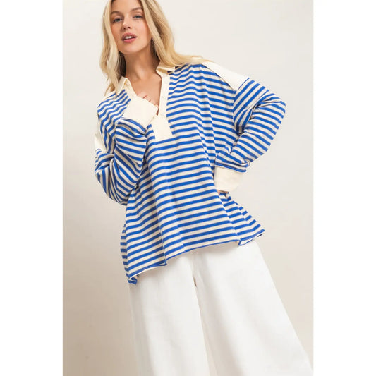 Collared L/S Striped V-Neck (2 colors)