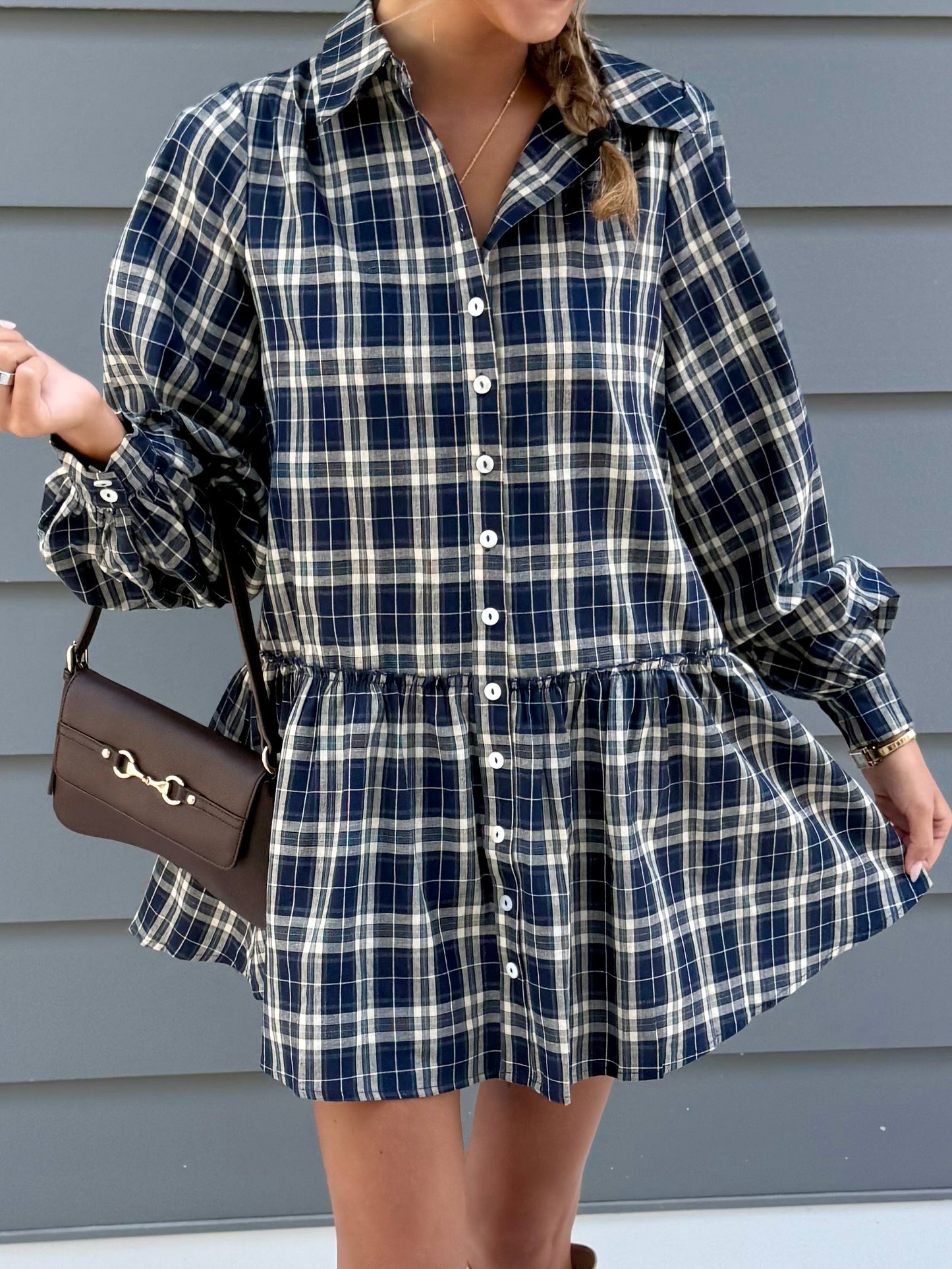 Navy Plaid L/S Dress