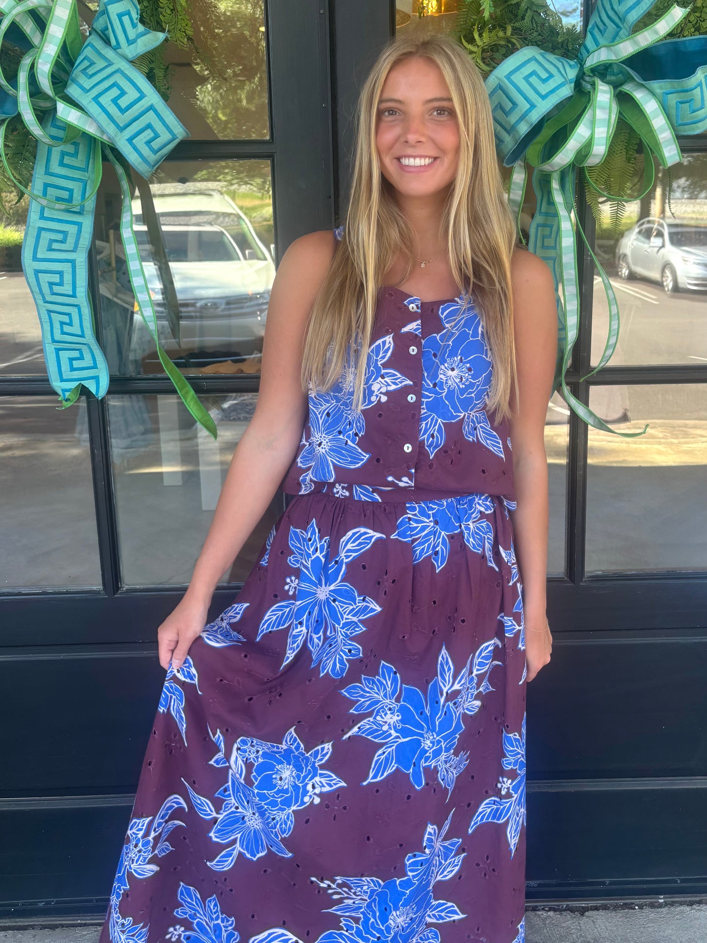Blue Bloom Button Top