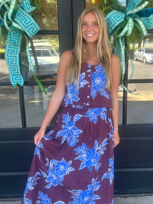 Blue Bloom Button Top