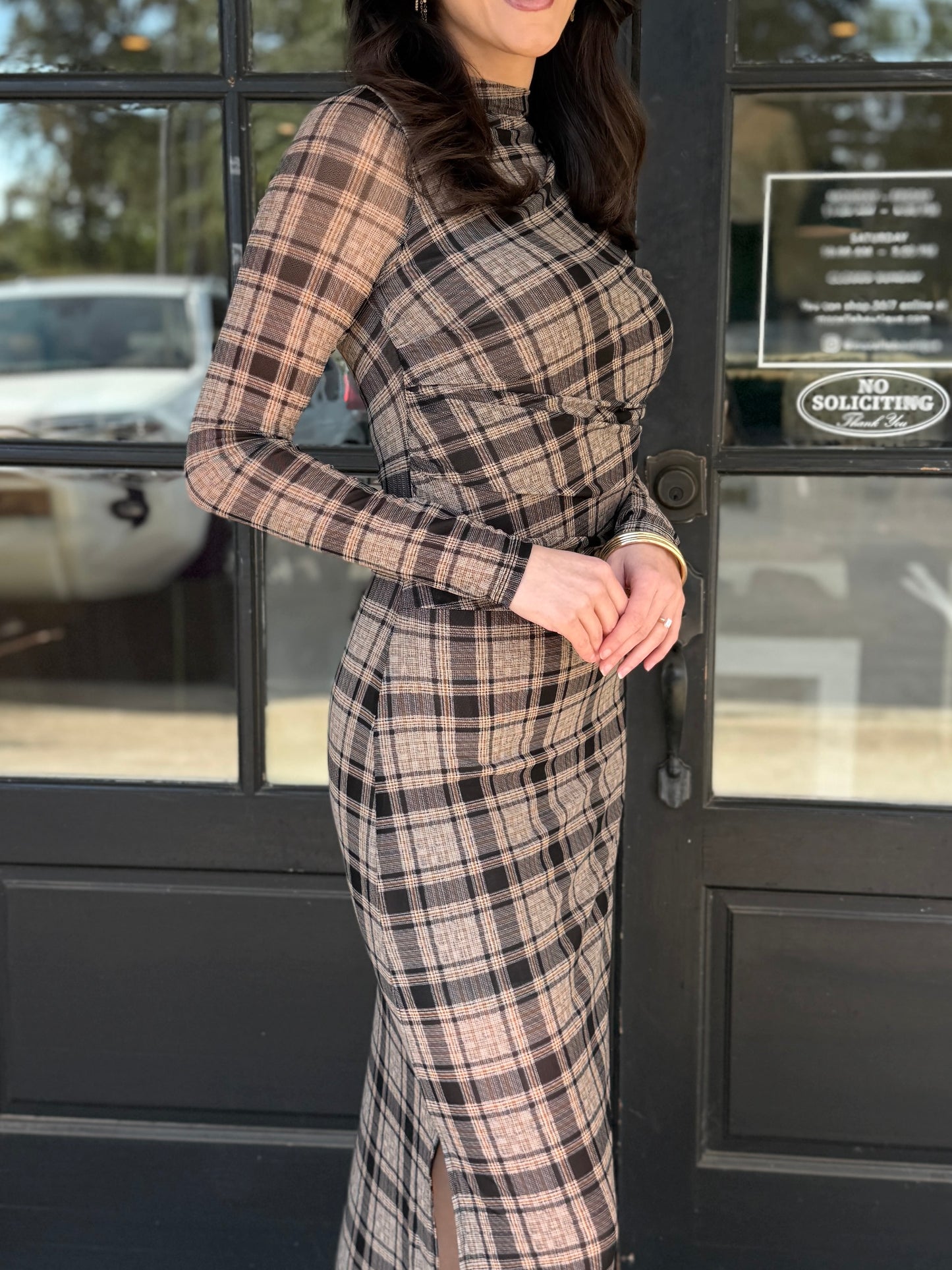 Brown Plaid Mesh Midi
